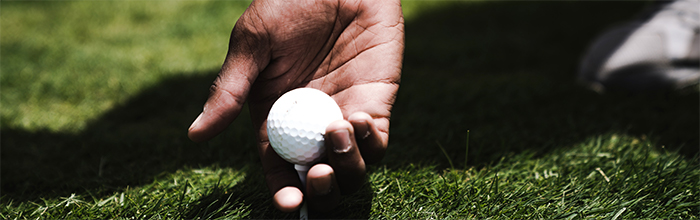 Photo: someone's hand holding a golf ball on a grassy field